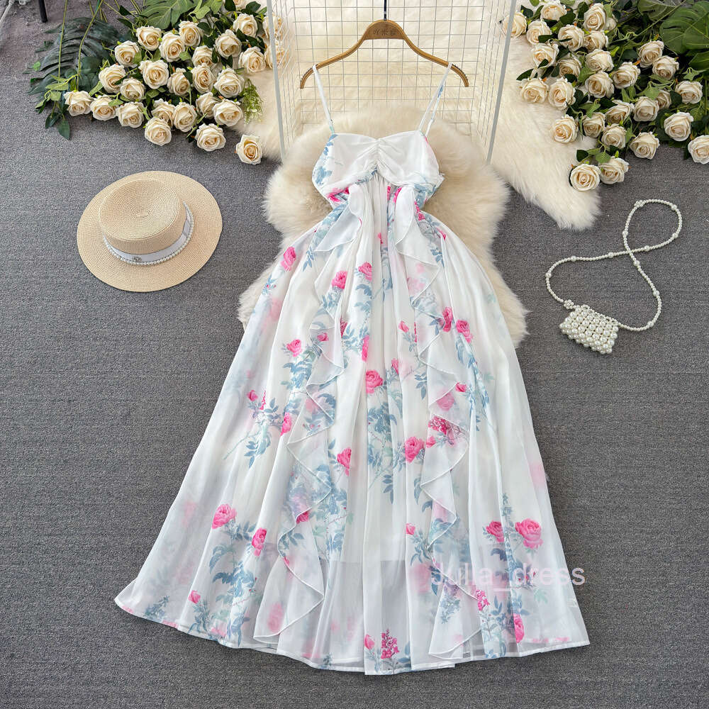 Luxury and socialite temperament strapless and waist cinched A-line ruffled edge printed chiffon dress seaside vacation long dress