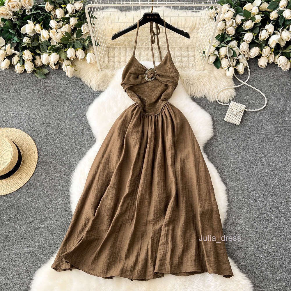 Tea break French style dress with a feminine feel backless hanging neck slim fit medium length travel photo vacation dress elegant bottom skirt