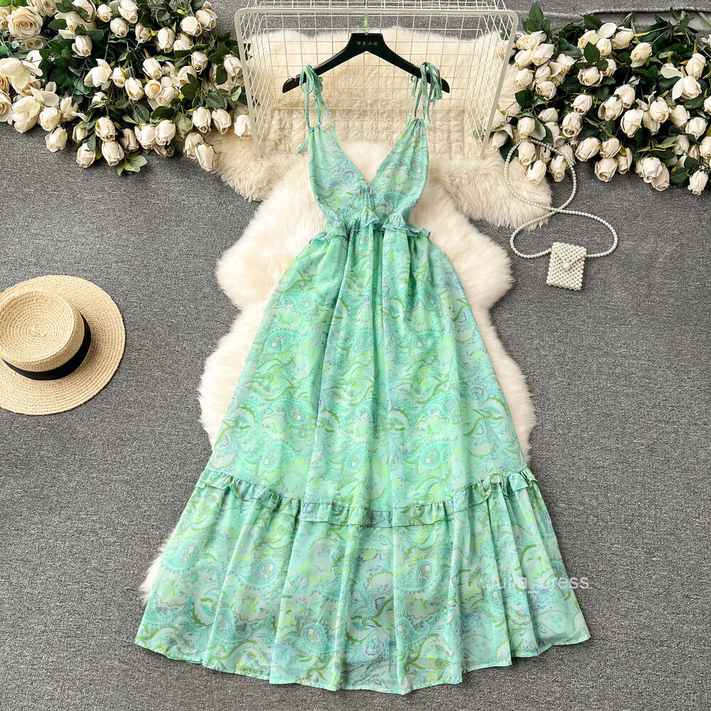Tourism and vacation style dress feminine V-neck backless print strap skirt French seaside beach long skirt