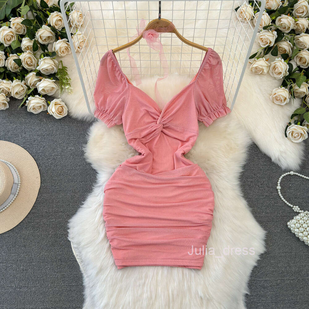 2024 Summer Fashion Pure Desire Sexy Nightclub V-Neck Waist Slimming Short Mesh Wrap Hip Bottom Dress