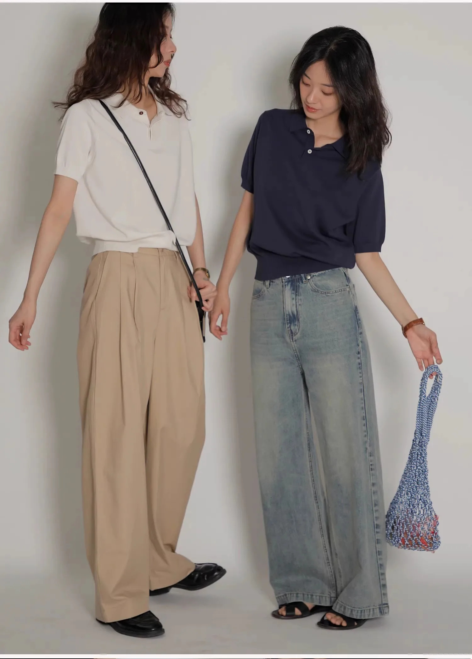 Blue ice silk knitted polo shirt shoulder short sleeve Tshirt womens summer thin French highgrade lapel top 240531