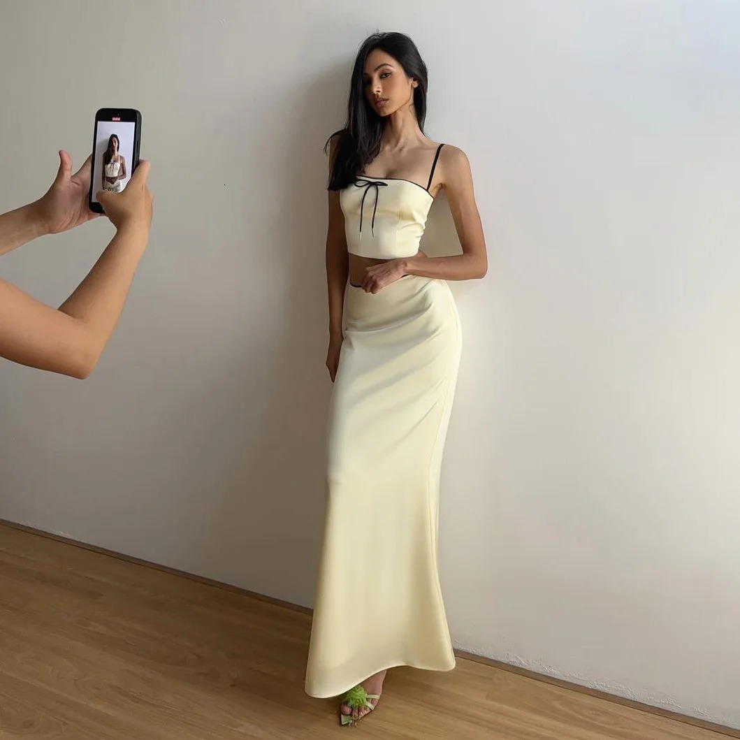 Lygens Satin Sleeveless Bow Short Camis Crop Top Long Skirt WomenS Sets Summer Y2K Streetwear Elegant Evening Casual Clothes 240524
