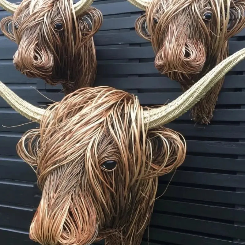 Kudottu Willow Highland Cow Woven Willow Highland Low Resin Home Decoration Wall Ornaments Gifts 240528