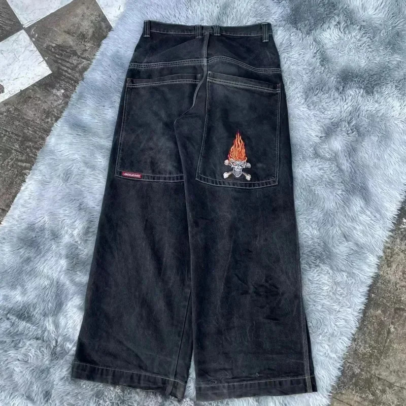Vintage Graphic Print Baggy Jeans Y2k Streetwear Black Denim Pants Hip Hop Wide Leg Trouser Casual Loose High Waist Pant For Men 240521