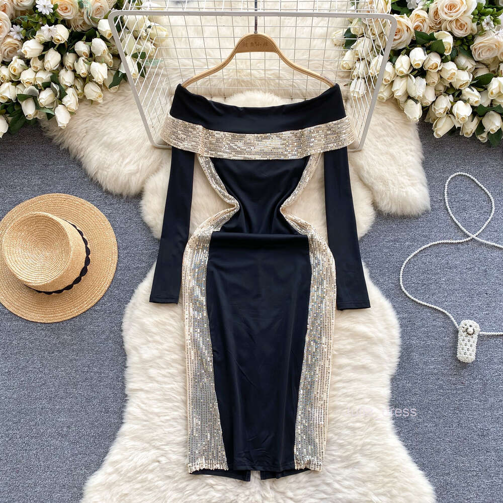 Light mature style womens clothing with a sense of luxury light luxury sequin color contrast splicing one line collar off the shoulder long sleeved dr
