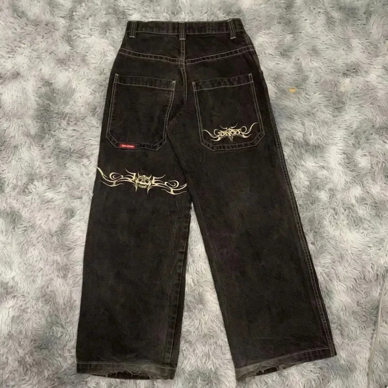 Vintage Graphic Print Baggy Jeans Y2k Streetwear Black Denim Pants Hip Hop Wide Leg Trouser Casual Loose High Waist Pant For Men 240521