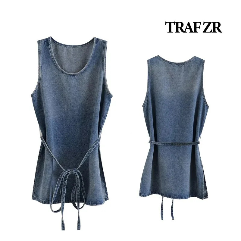 TRAF ZR Womens Denim Xlong Tank Top ONECK Side Splits Self Tied Belt Comfy Sleeveless Jean Tops Hem Frayed Tanks Camis 240531