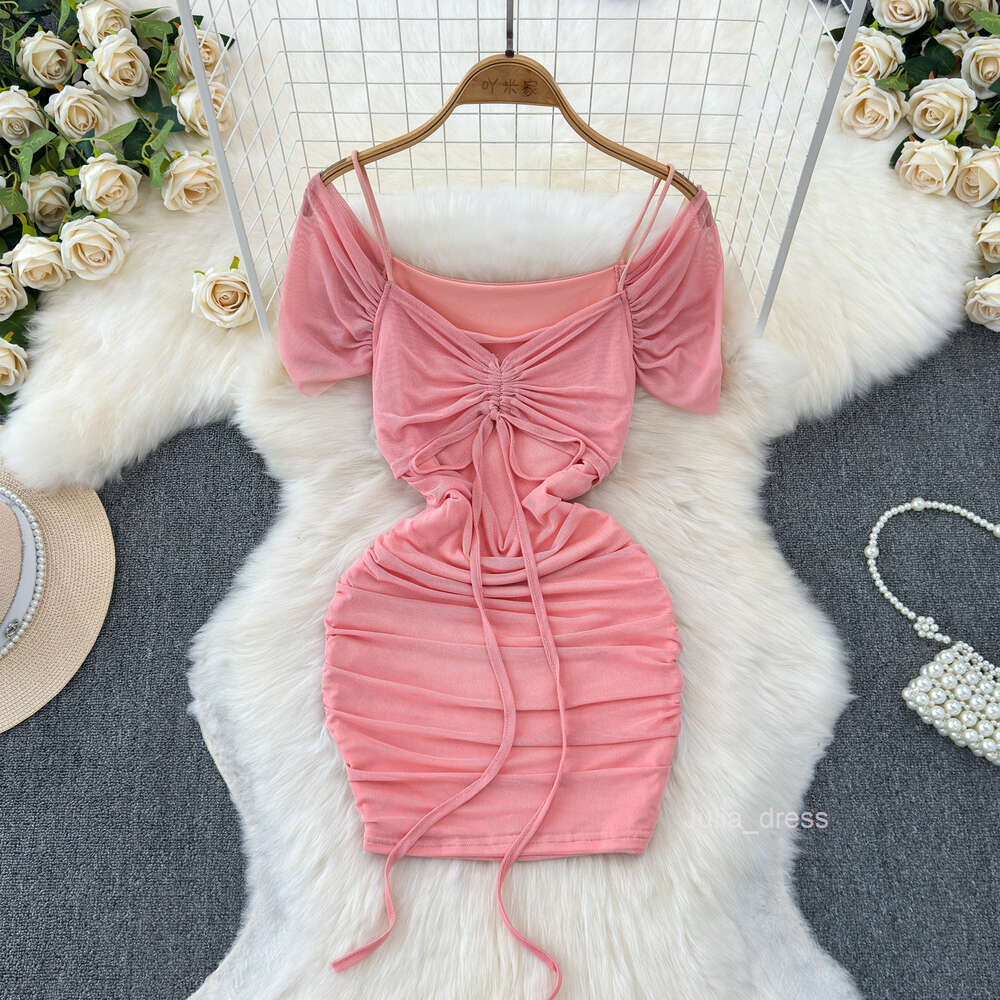 Nightclub womens sweet bow neckline heartfelt pleated slim fitting short sexy buttocks wrapped skirt off the shoulder suspender dress