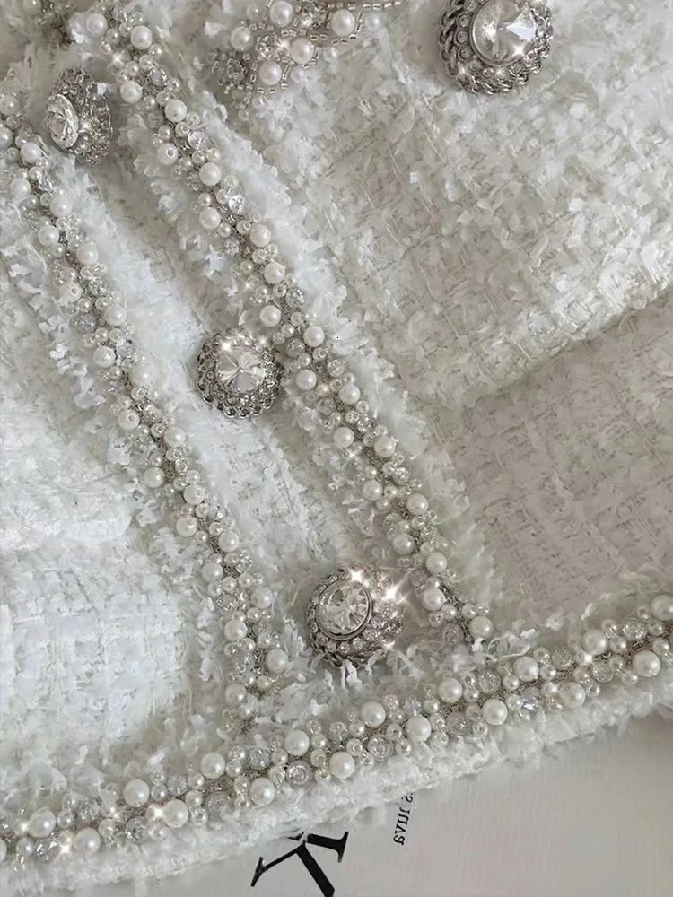 UCXQ sweet Beaded Hanging Neck Button Dress Sexy Backless Diamond Waist Tweed Short Dresses Women Spring Summer 23A8287 240529