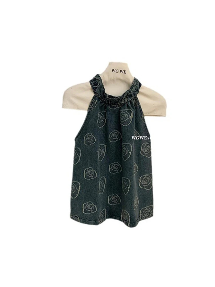 Summer Women Kpop Denim Tank Top 2000s Aesthetic Sleeveless Halter Coquette Gyaru Cute Core Korean Grunge Japanese Y2k Retro 240531