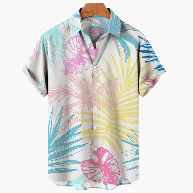 Summer Mens Leaves Elegant Floral Social Hawaiian Short Sleeve Oversized Casual Shirt Printing Vacation Style Harajuku Camisa 240529
