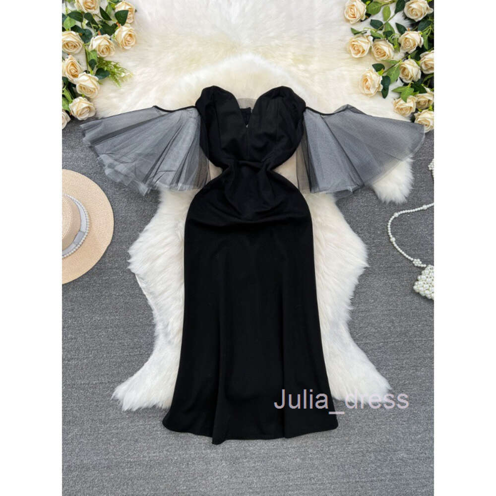 2023 Summer High end Fashion Mesh Sleeve Splice Bra Waist Slimming Mid length A-line Dress