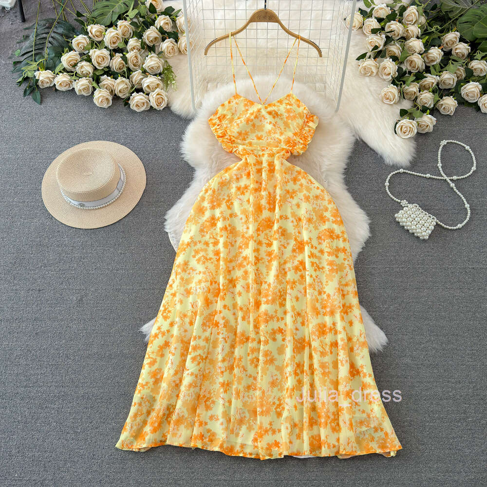 Beach resort style yellow floral dress summer fashion waist tightening slimming effect A-line backless strapless long dress