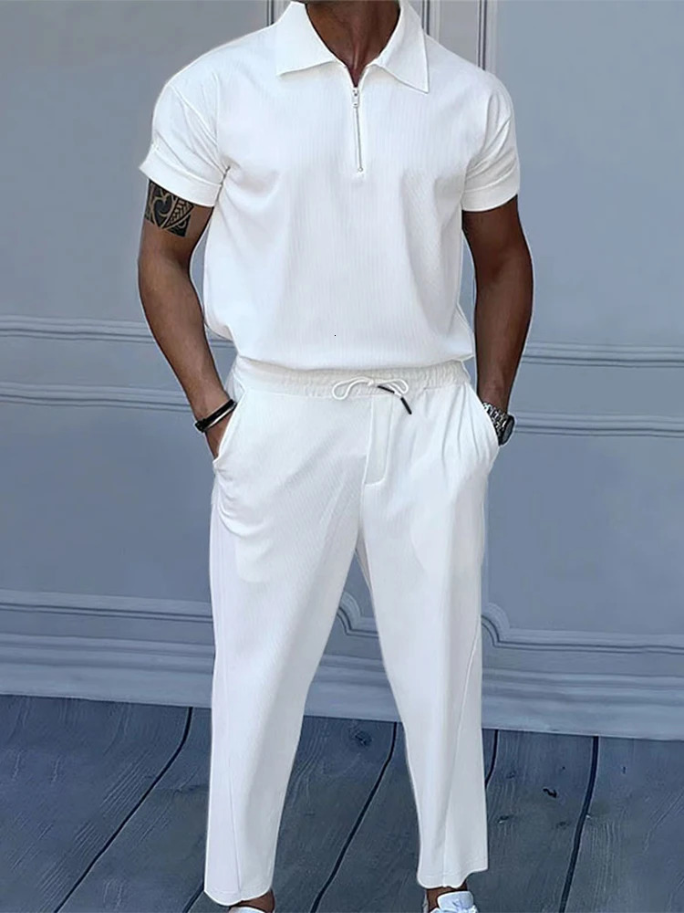 Casual Solid Two piece Set Men Spring Summer Fashion Short Sleeve Zipper Polo Shirt And Pants Suit Corduroy Slim Tracksuit 240531