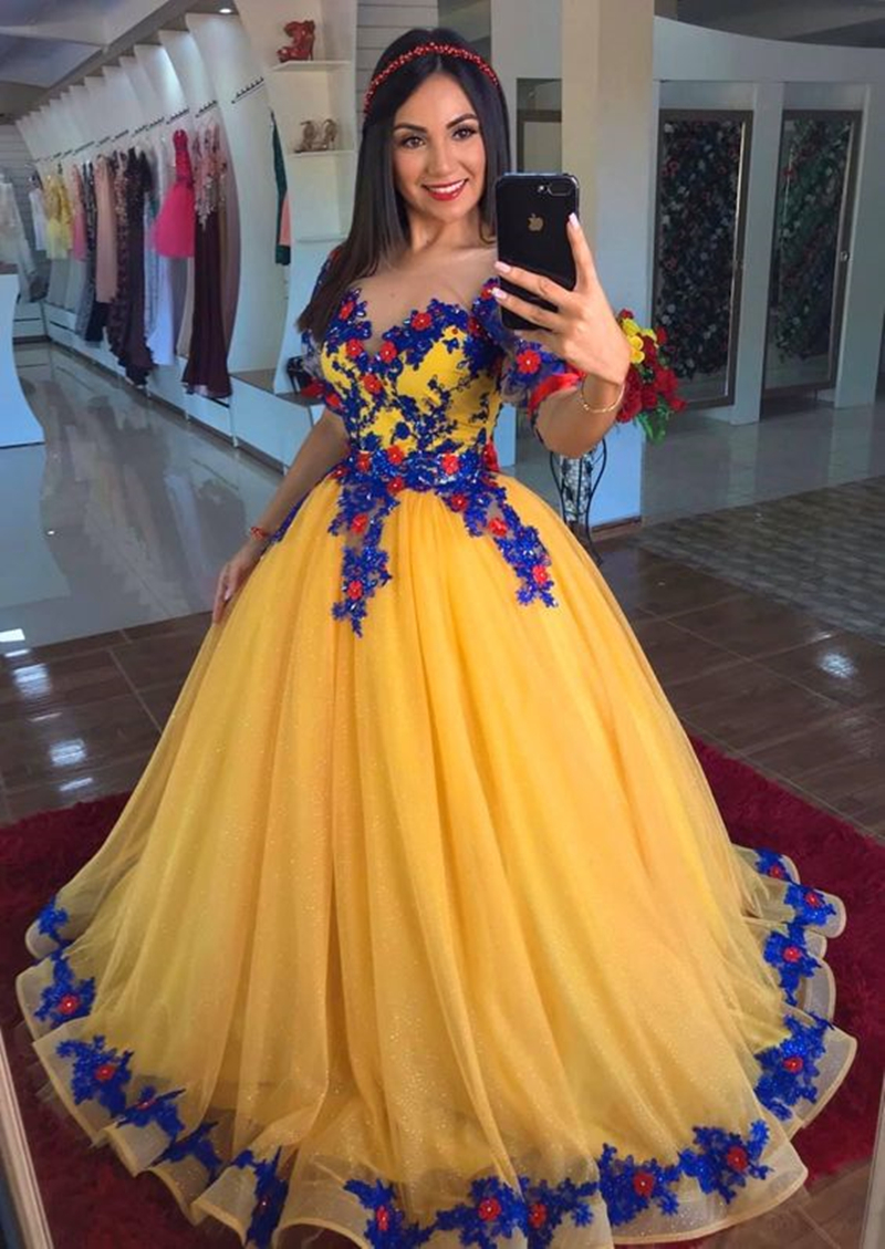 Cinderella Princess Quinceanera Dresses Short Sleeves Royal Blue Lace Appliques Long Tulle Prom Sweet 16 Dress Mix Colors Birthday Party Dress Vestido