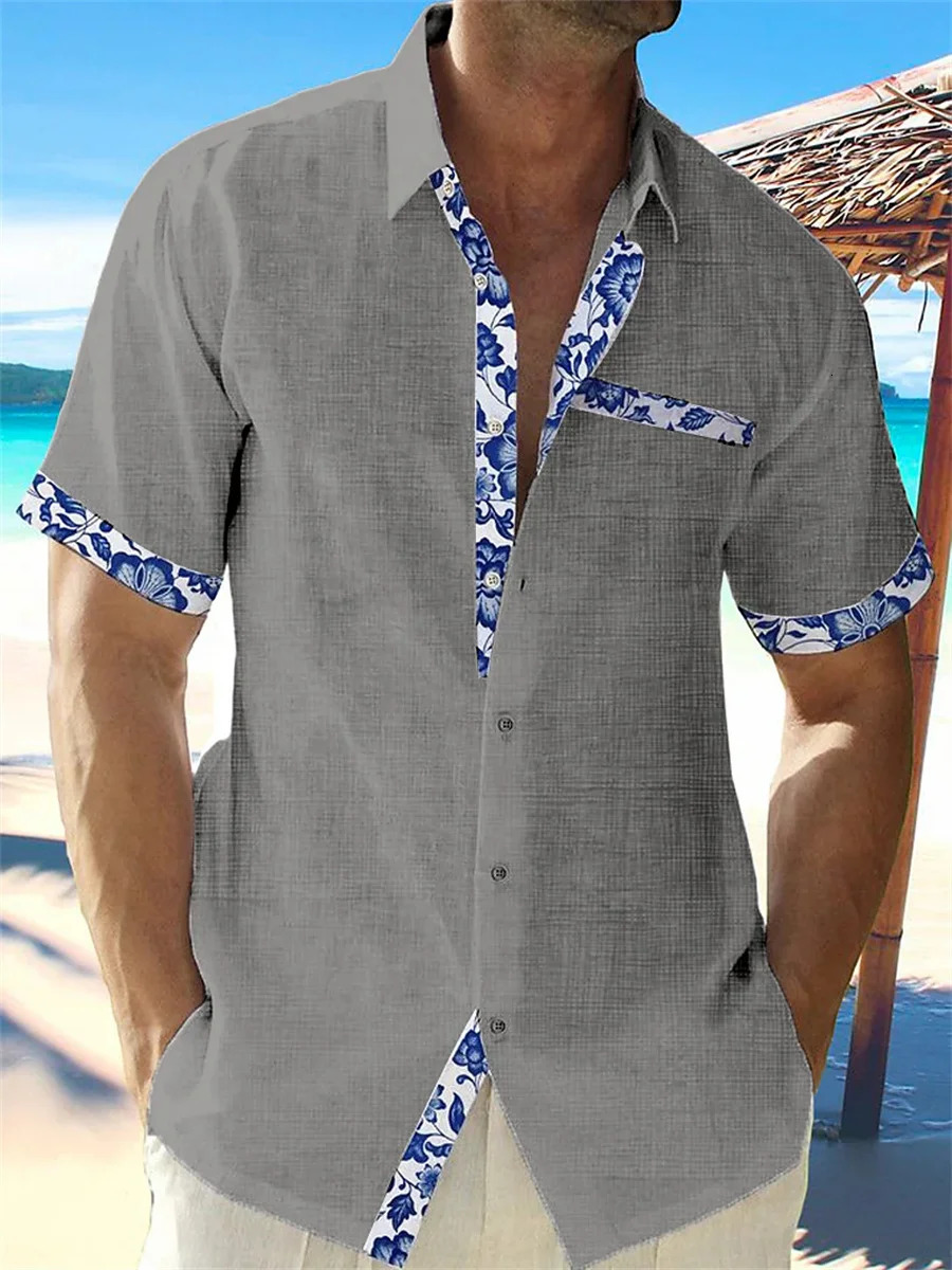 summer fashion mens Hawaiian linen shirt mens casual lace printed beach pocket short sleeve plus size jacket 5 colors. 240529