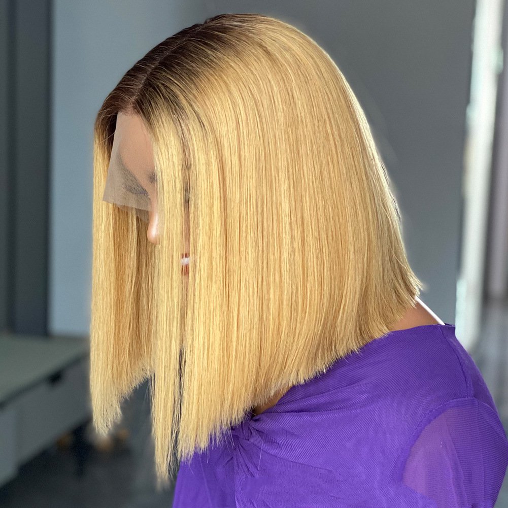 180 %Density Double Drawn Bone Straight Human Hair Wig for Woman 13x4 Top Swiss Lace Smooth and Shiny Blonde Hair Gradient Color 100% Adhesive Free