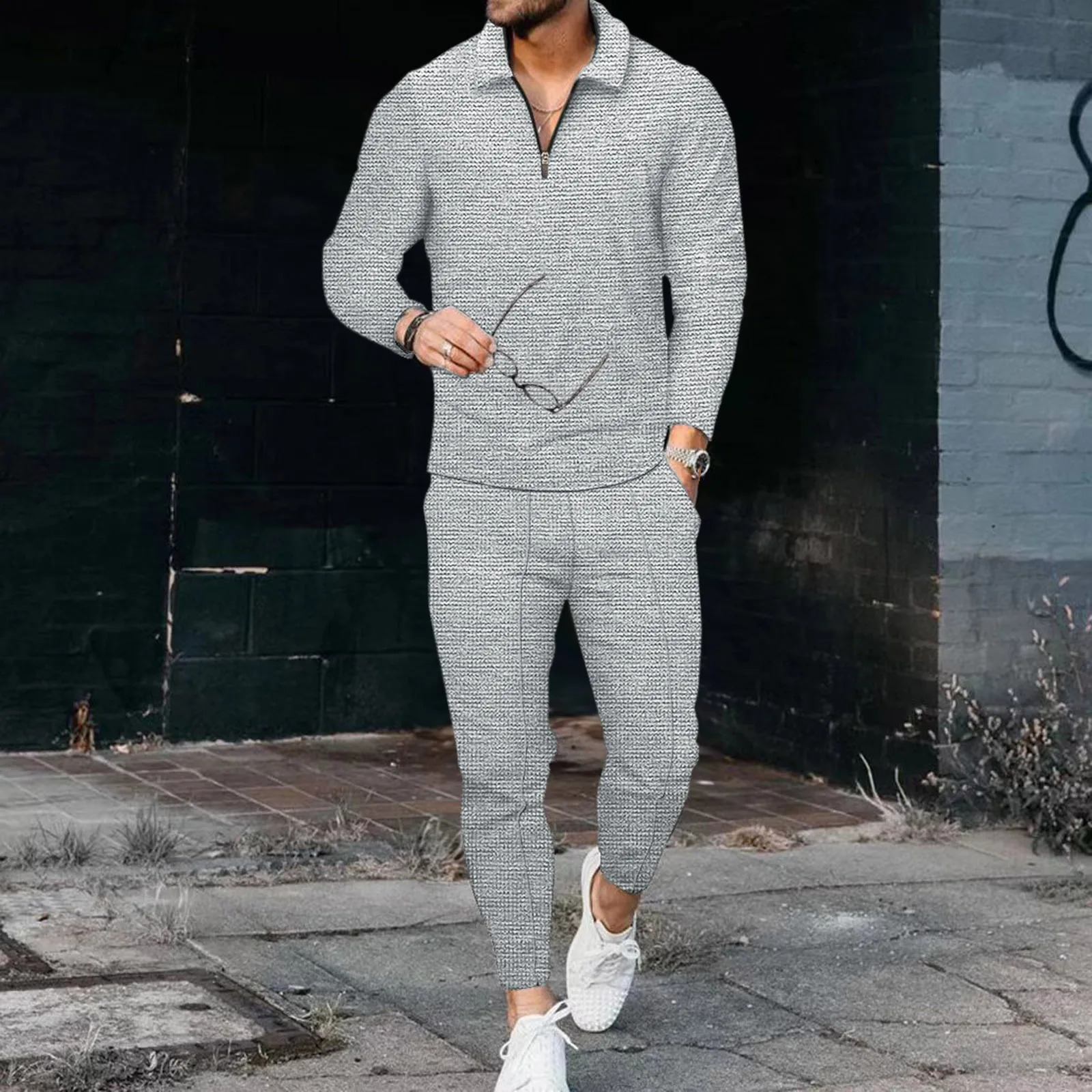 Fashion Sets Long Sleeve Polo ShirtSweatpants Suit Men V-neck Zip Sweatshirt Men Streetwear Vintage Clothing Sets Tracksuits 240529