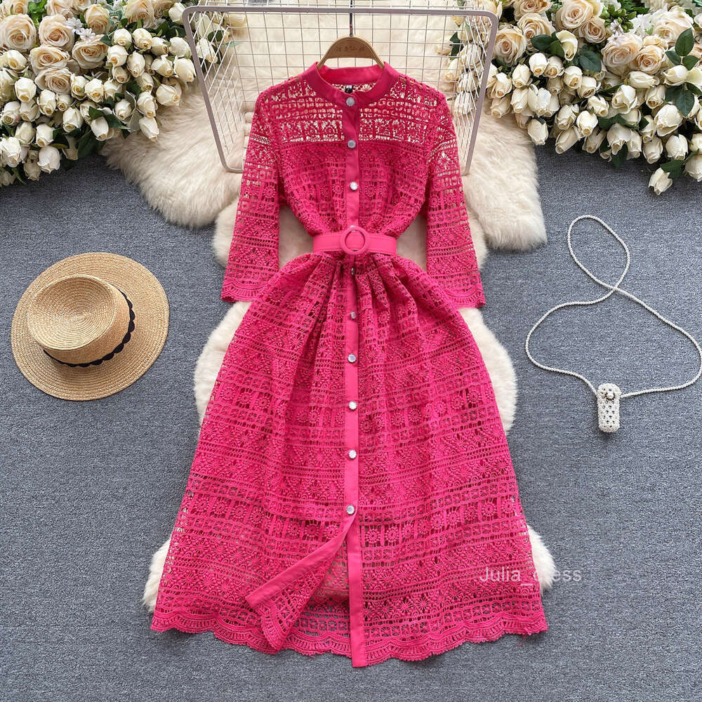 Light mature style womens clothing high-end feeling early spring dress womens design feeling hollowed out lace medium length French formal dress skirt