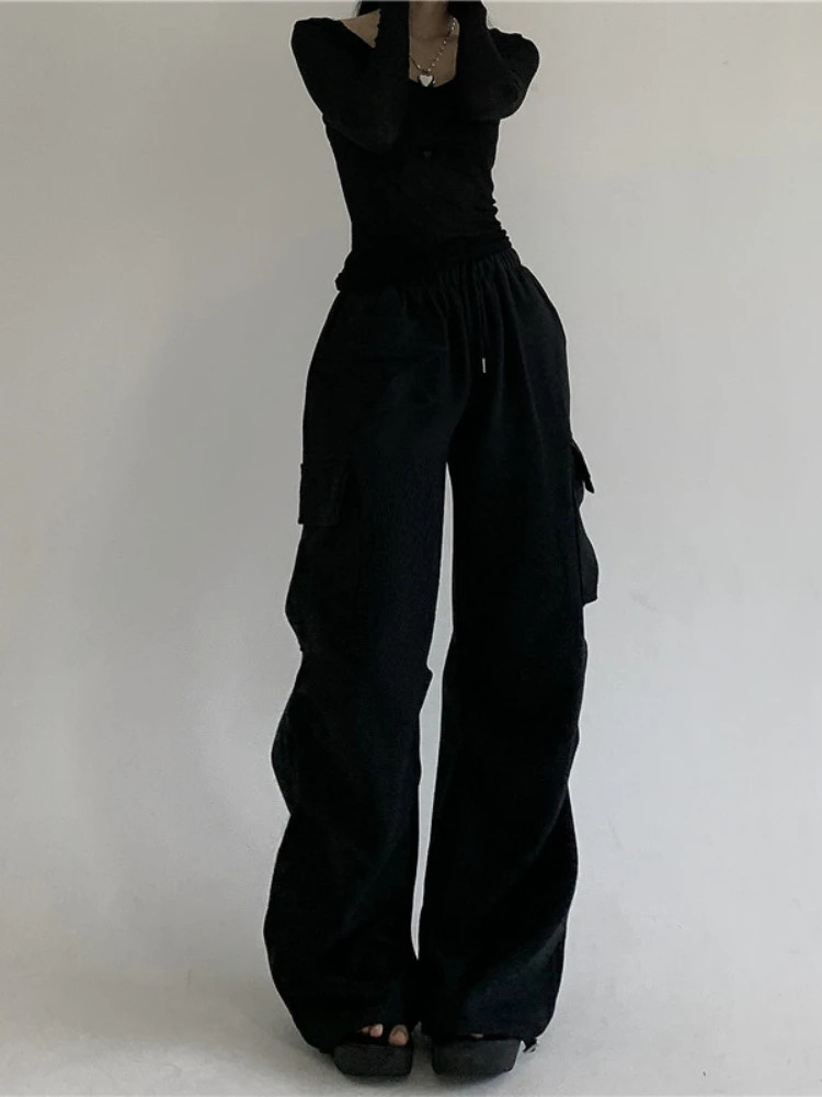 Deeptown Casual Sport Cargo Pants Women Y2k Baggy Pockets Streetwear Sweatpants Joggers Korean Hrajuku Trousers Spring Thin 240530