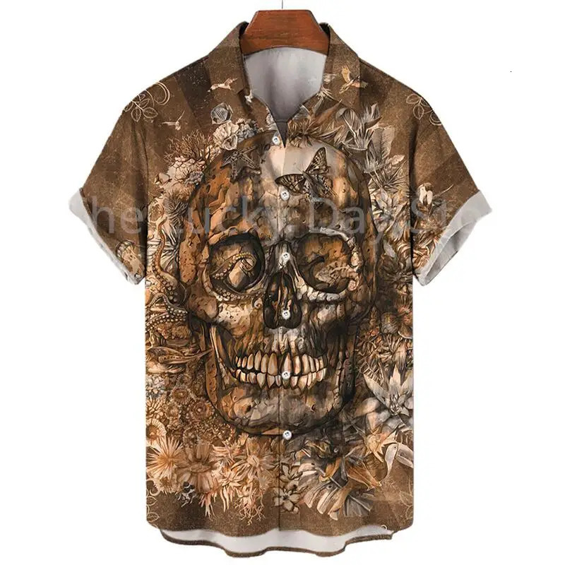 Mens Summer Skull Fashion Y2k Hawaiian Oversized Short Sleeve Shirt Casual Clothing Harajuku Pattern Social Vintage Camisa 240529
