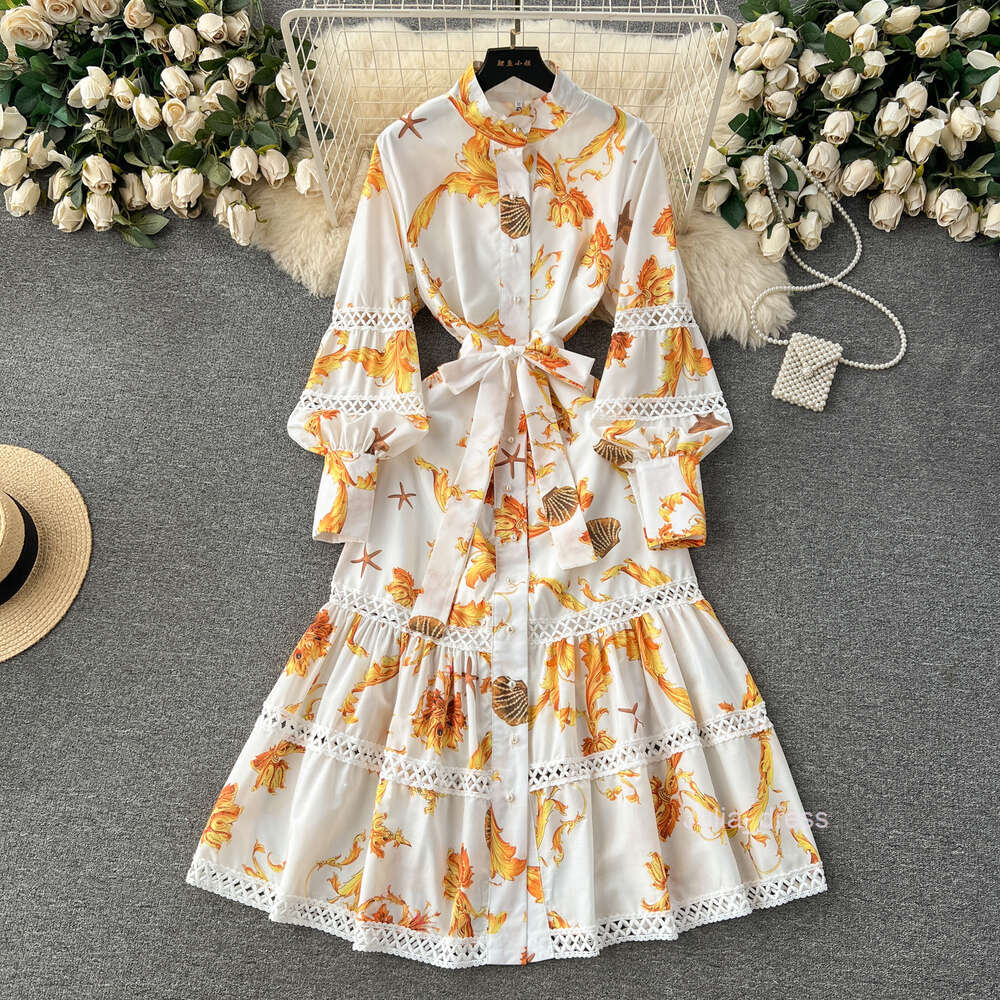 Early Spring Dress for Women 2024 New French Design with Printed Hollow out Spliced Bubble Sleeves Dress