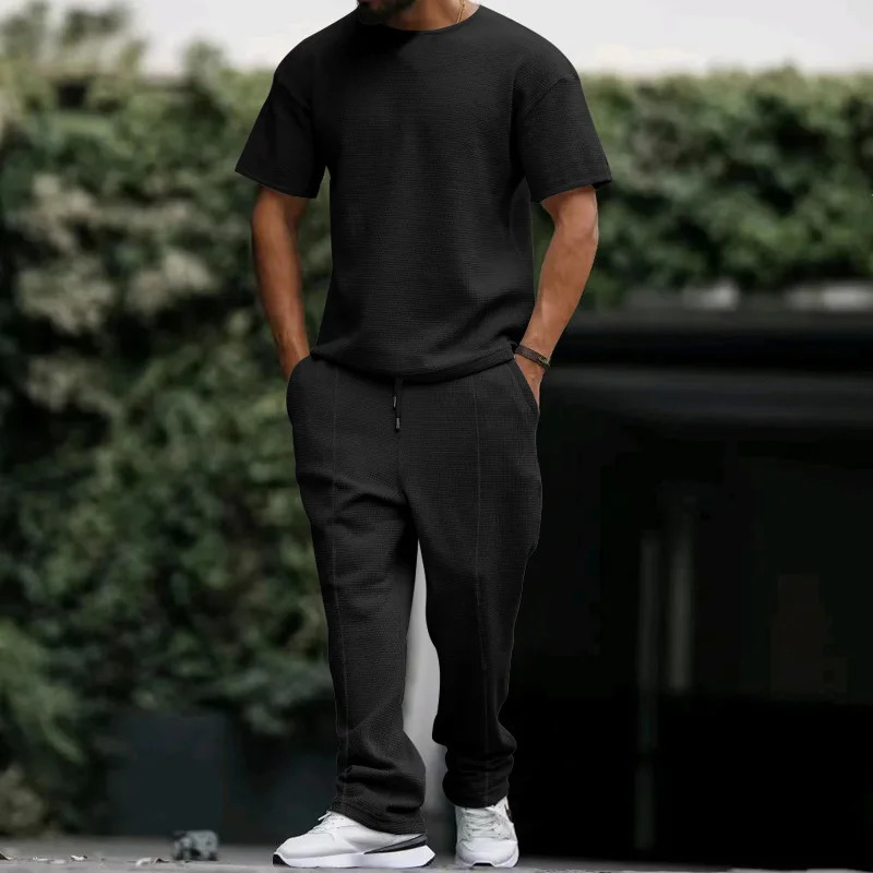 European and American Mens Short Sleeved Long Pants Set Heavyweight Waffle Oversize Round Neck Casual Set 240530