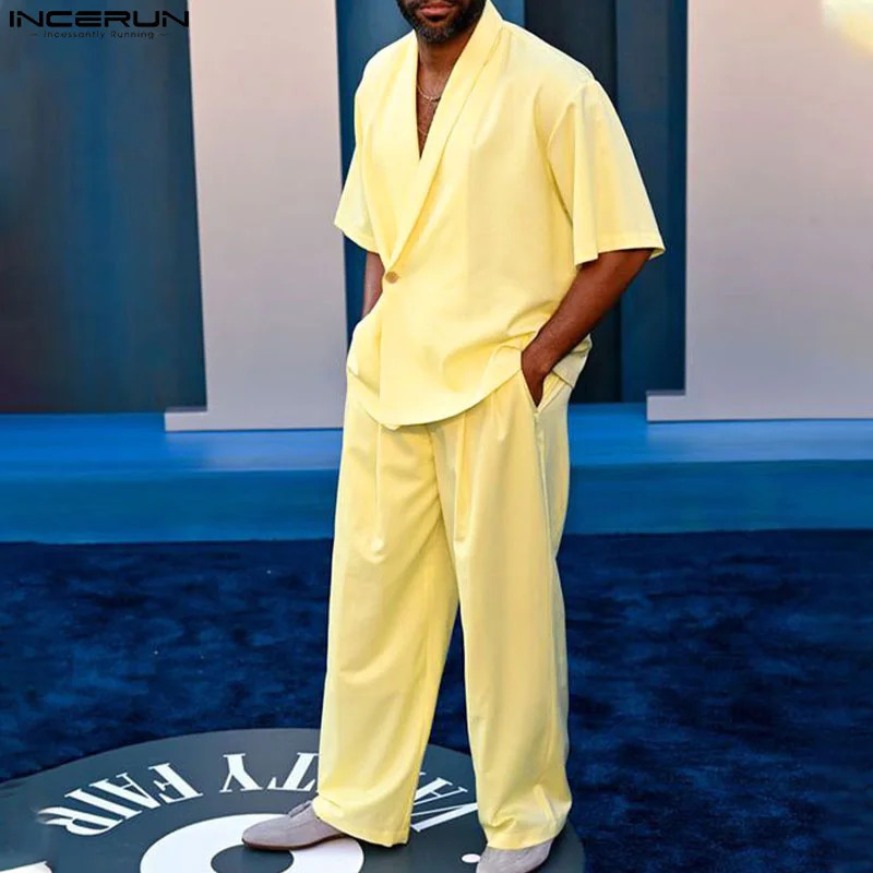 INCERUN 2024 American Style Sets Fashion Mens Solid Short Sleeved Suits Long Pants Casual Streetwear Male Two-piece Sets S-5XL 240530