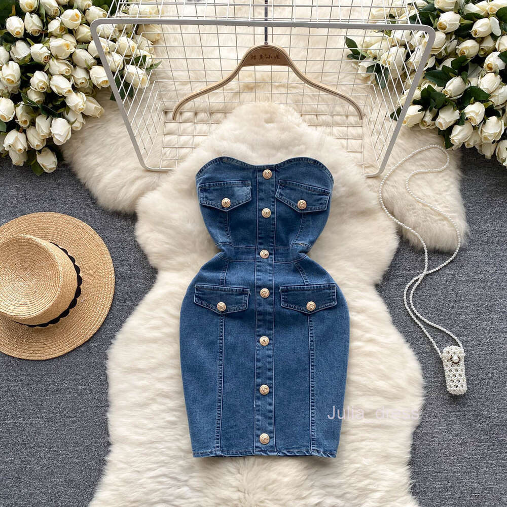 Denim buttocks skirt summer new sexy off shoulder slim fit short and niche design single breasted dress trend