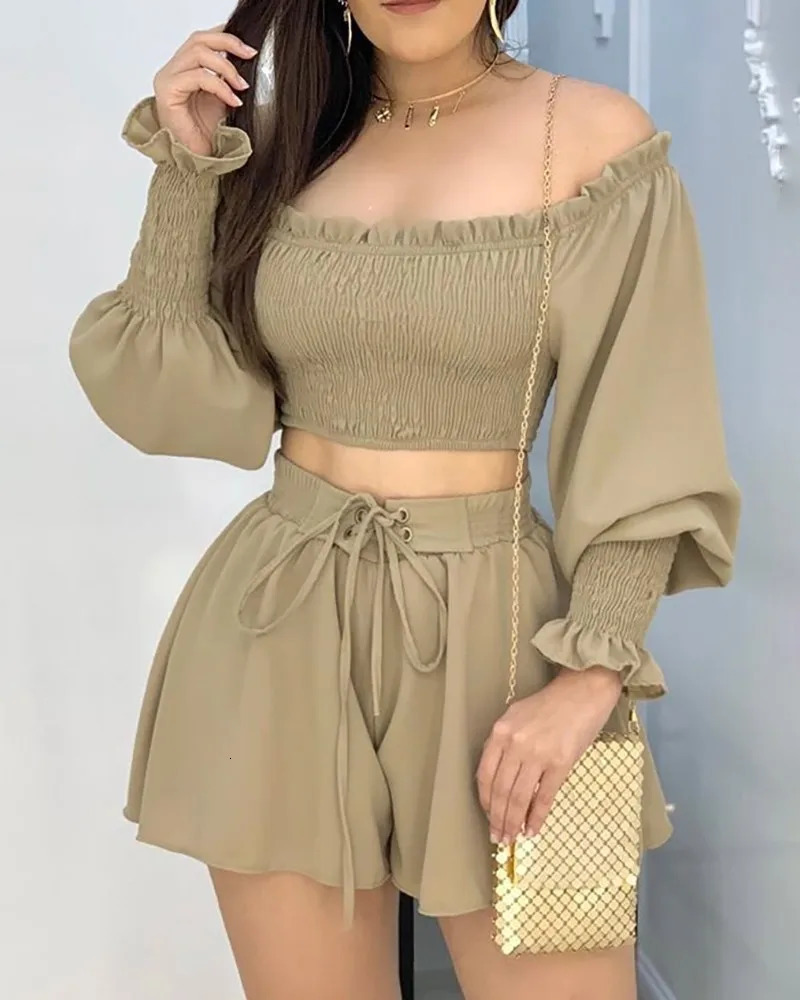 Sexy Off Shoulder Slash Neck T-shirt Shorts 2 Piece Sets Solid Long Sleeve Tops Lace Up Shorts Two Piece Set Women Outfit 240530