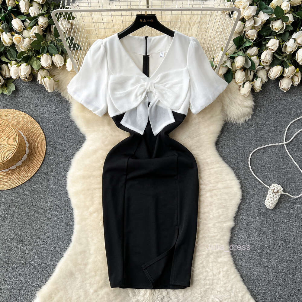 Hepburn style French elegant dress womens summer haute couture socialite temperament bow tie bubble sleeve slim fitting dress