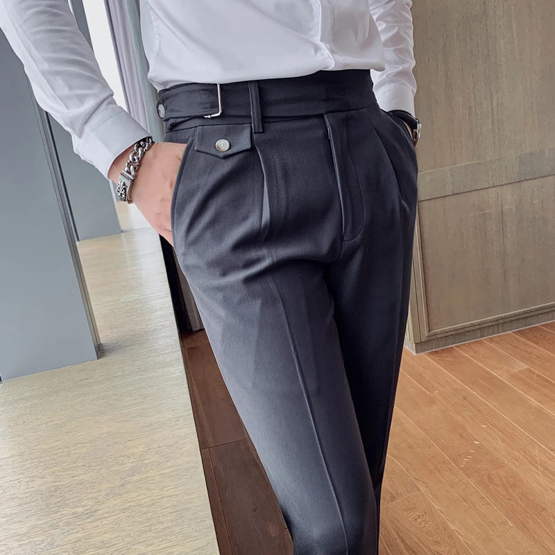 British Style Solid High Waist Suit Pant Men Business Formal Wear Trousers High Quality Slim Casual Office Suit Pants 240521