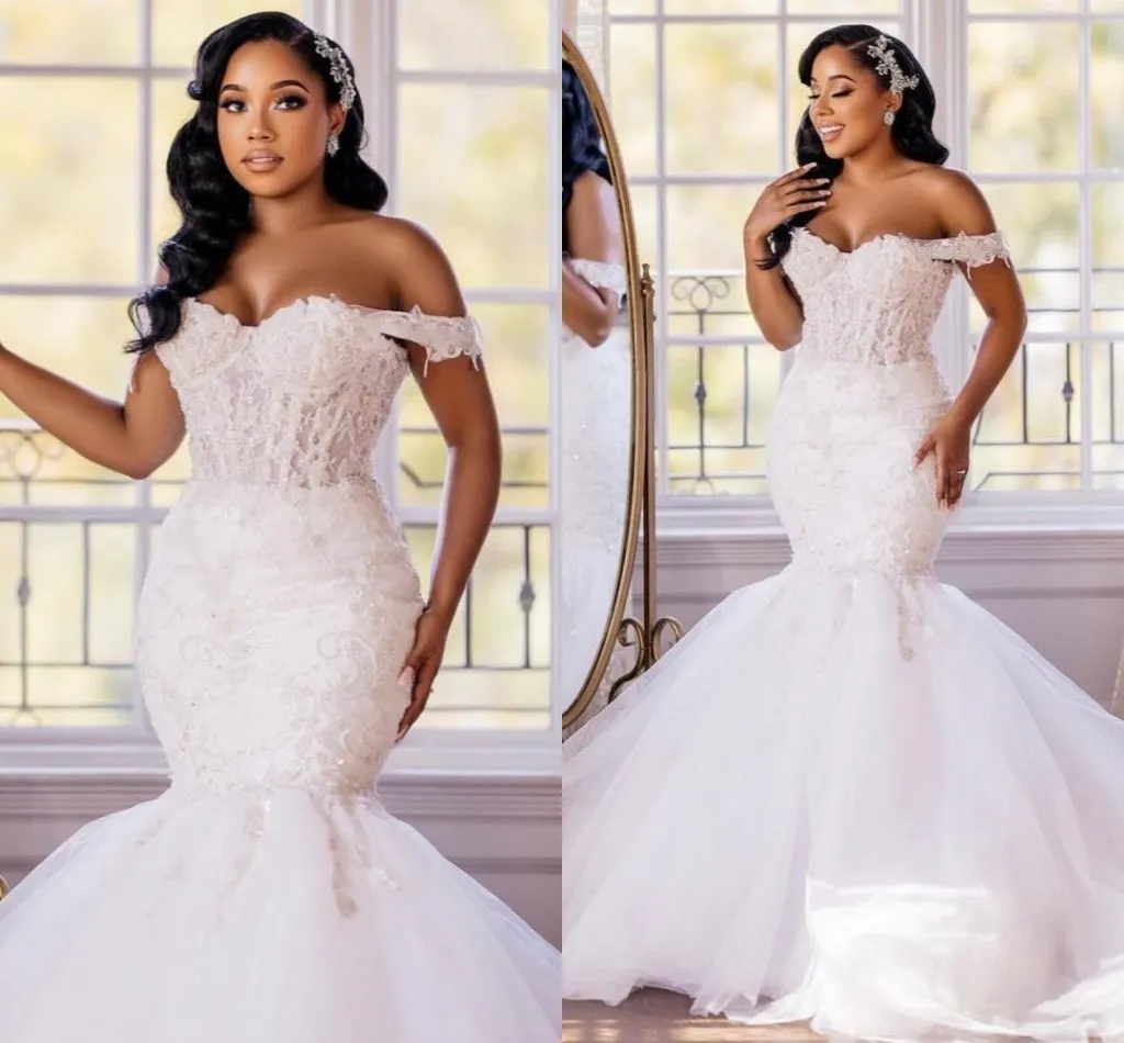 Elegant Mermaid Wedding Dress For Bride Off Shoulder Lace Corset Back Sweep Train Pearls Beading Africa Summer Bridal Gowns Robe De Mariee Bc18689 061