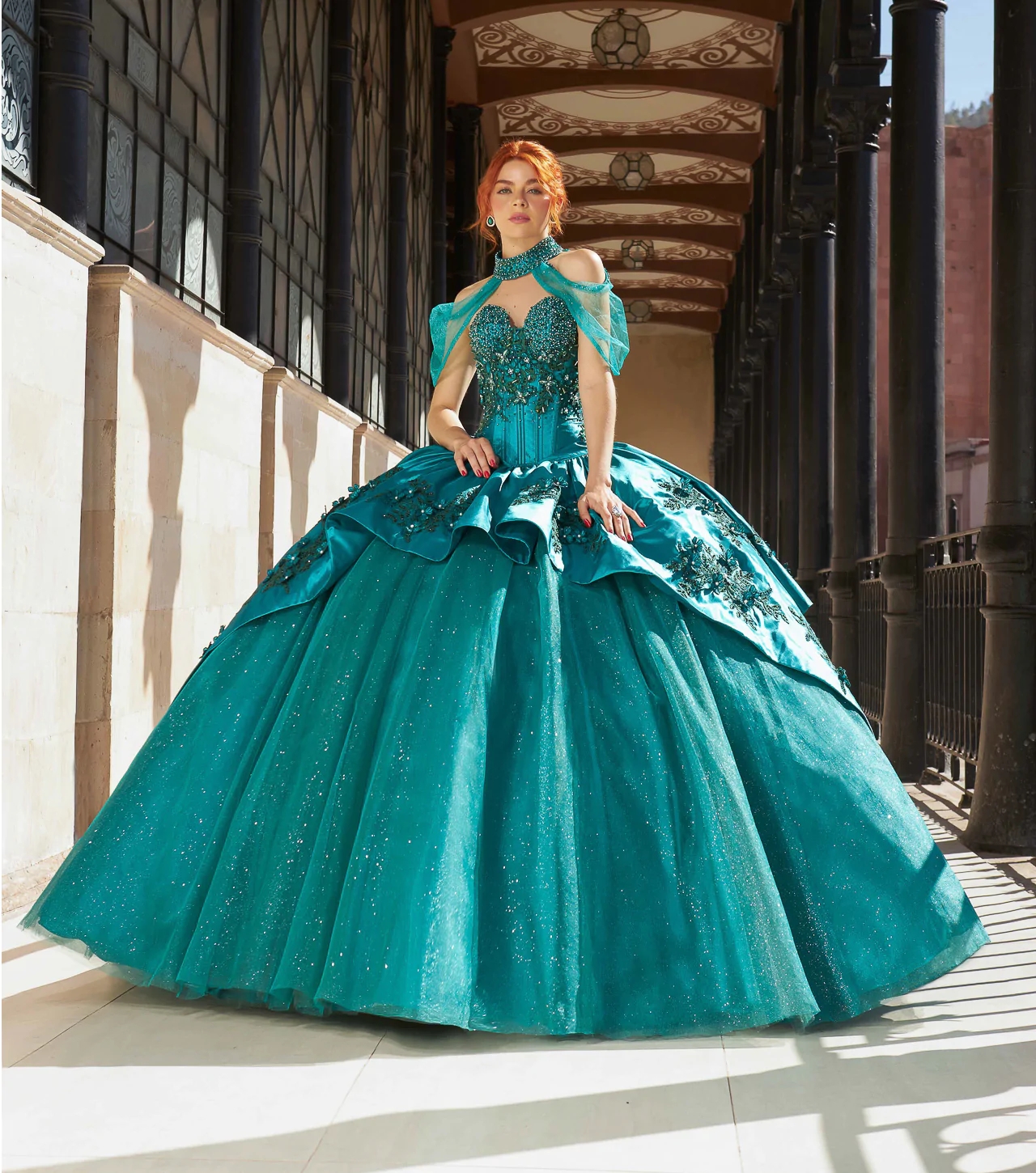 Teal Mexican Quinceanera Dresses Ball Gown Sweetheart Sparkly Floral Pearls Puffy Charro Sweet 16 Dresses 15 Anos