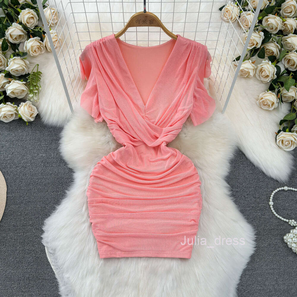 Fashionable and Sexy Flying Sleeves V-neck Low cut Waist Slimming Elastic Tight Wrap Hip Fold Mesh Bottom Dress