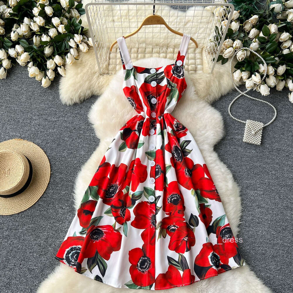 Celebrity temperament vacation camisole dress womens single breasted design slim fit waistband large hem printed long skirt