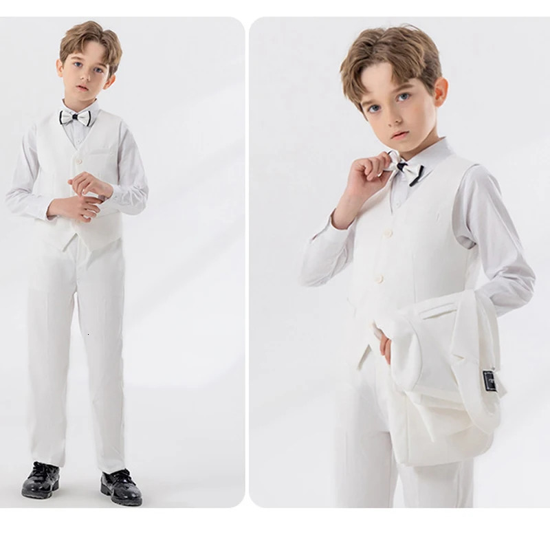 Child Autumn Formal White Suit Set Kids Performance Piano Host Wedding Party Pography Costume Kids Blazer Vest Pants Bowtie 240531