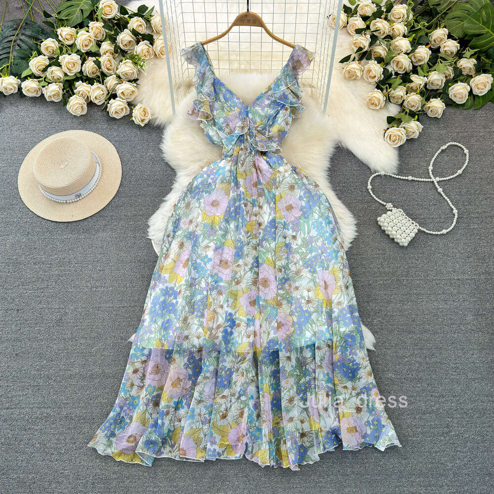 Gentle and socialite temperament V-neck waist cinched slimming A-line large hem printed chiffon dress seaside vacation long dress
