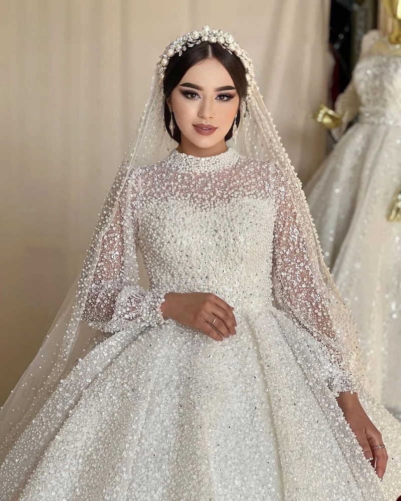 Gorgeous Crystal Wedding Dresses Pearls Bridal Ball Gowns High Neck Sequins Rhie Long Sleeve Custom Made Bride Vestido De Novia 0218