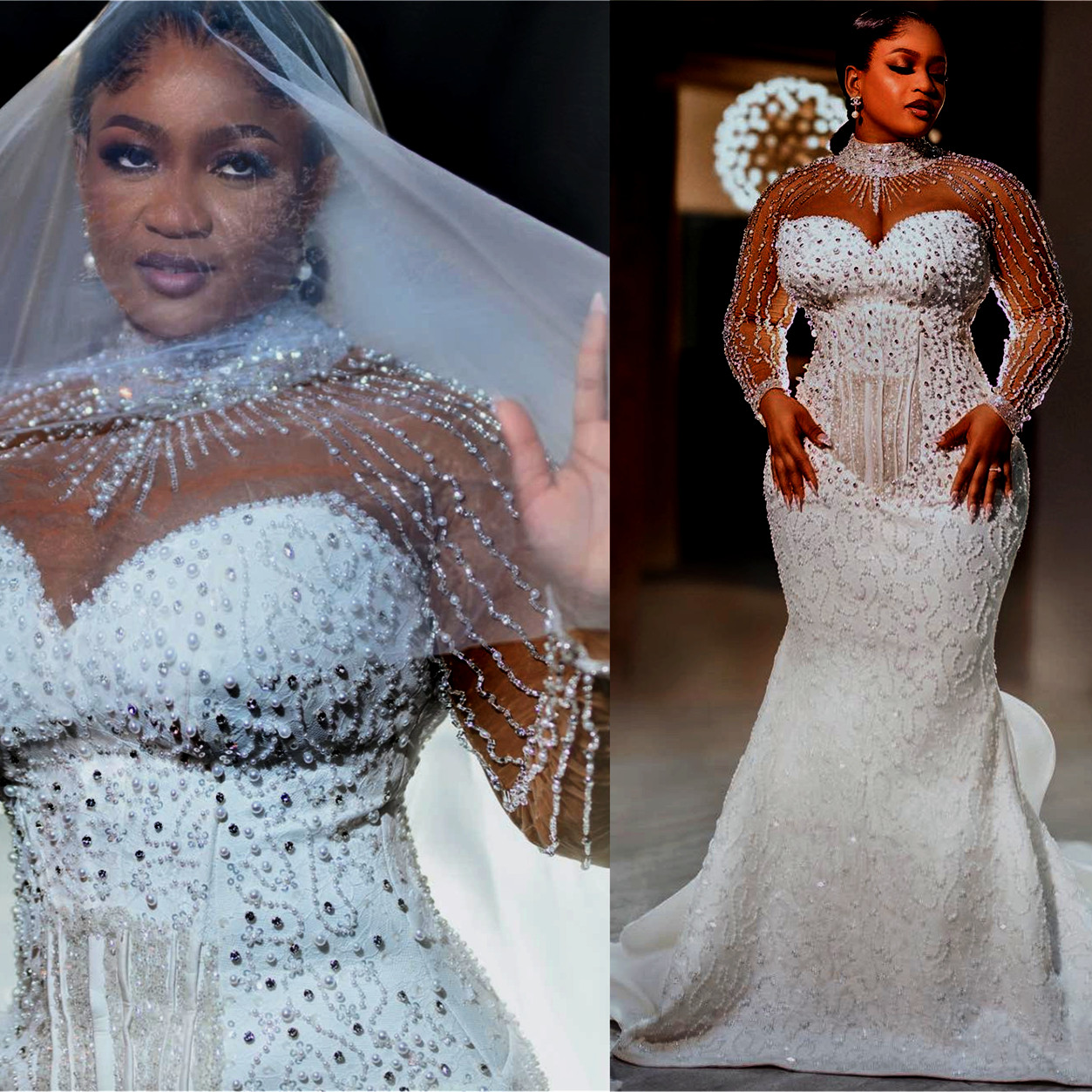2024 Arabic Aso Ebi Plus Size Ivory Luxurious Wedding Dress Pearls Crystals Beaded Sequined Bridal Gowns Dresses ZJ222