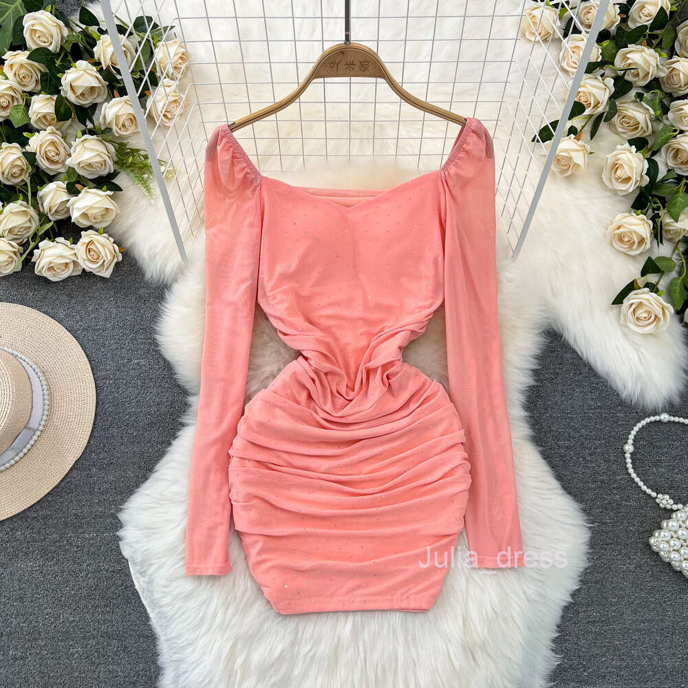 Spring and Autumn Fashion Celebrity Style Long sleeved Square Neck Waist Wrapped Slim Short Style Diamond Mesh Wrapped Hip Bottom Dress