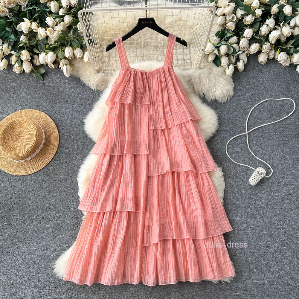 Korean holiday wear with a lazy design and irregular ruffled edges loose and slimming mid length suspender dress