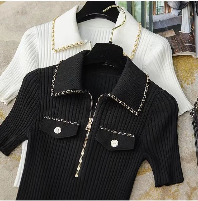 Summer Fashion Slim Knitted Tshirt Sweater Women Stylish Chain Buttons Zipup Tees Tops Vintage Elegant Chic Ladies Knitwear 240531