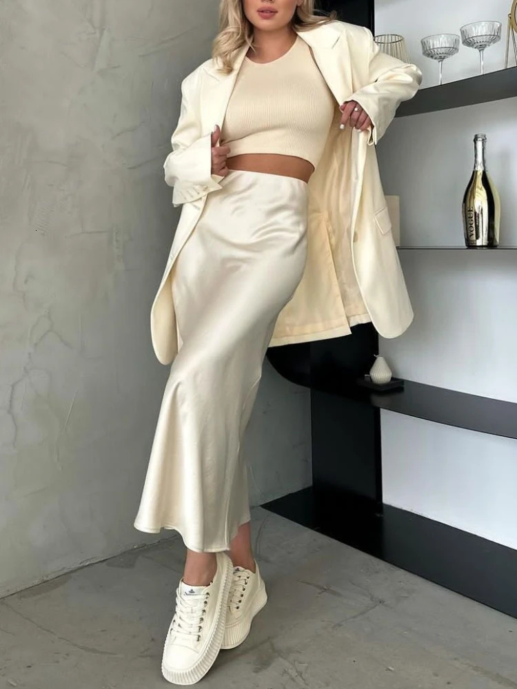 Acetic Satin Fishtail Skirt Woman Korean Fashion Elastic High Waist Skirts for Women Springsummer Slim Long Dresses 240531