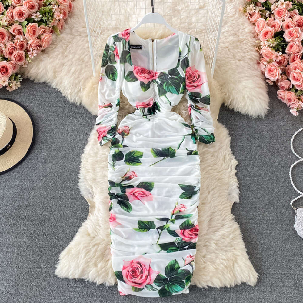 2023 Summer Show Fashion Square Neck Print Slim Fit Wrap Hip Slim Mesh Mid Length Dress