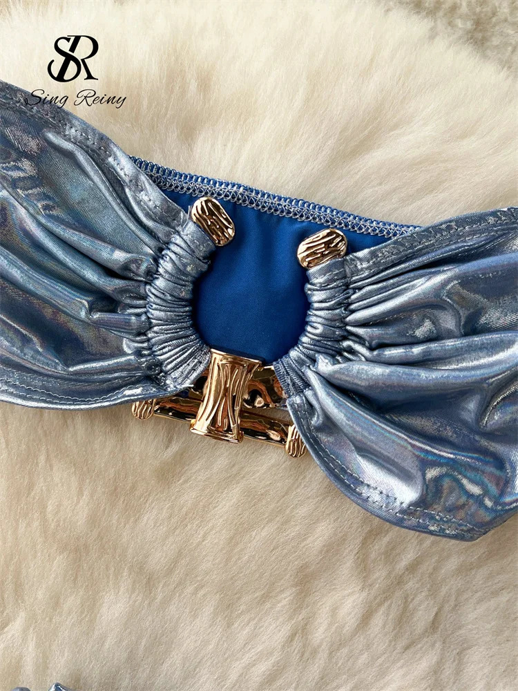 SINGREINY Women Summer Beach Sets Strapless Sexy BraIrregular Slim Split Skirt Set Shiny PU Leather Two Pieces suits 240531