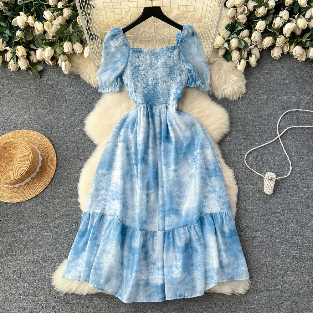French Bubble Sleeves Dress Womens Design Feel Irregular Halo Dye Elastic Slim Fit Mid length Ruffle Edge Fake Skirt
