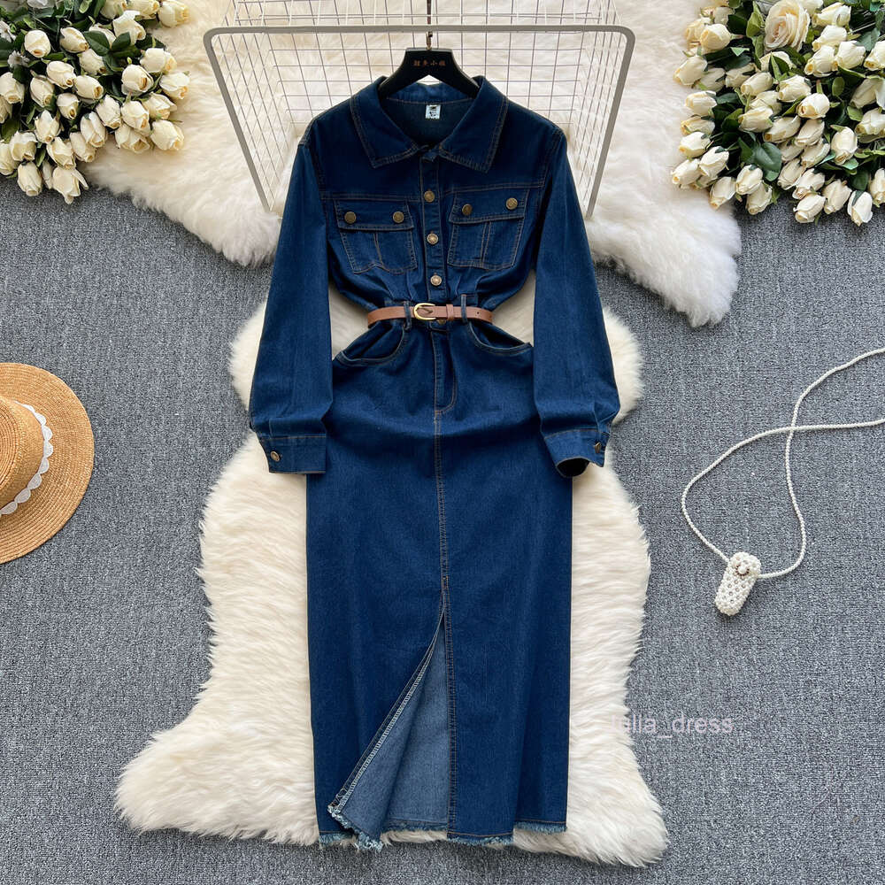Deep blue denim dress womens design sense pocket buckle slim fit mid length slit over knee skirt