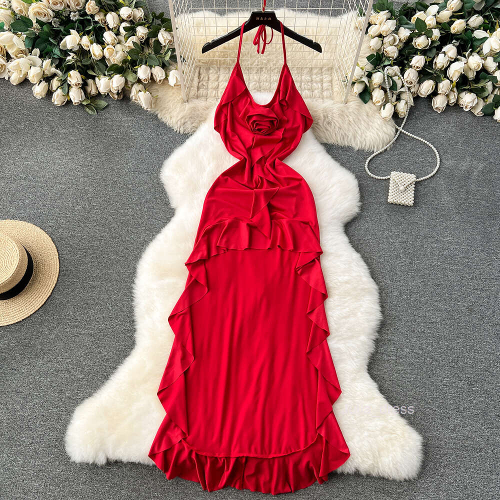 Sexy neck hanging suspender dress for women with a three-dimensional floral slim fit and ruffled edge front short and back long tailcoat dress