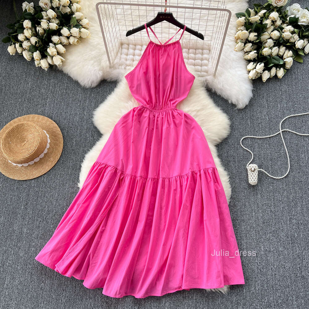 Design Sense Hanging Neck Strap Dress Womens Mind Machine Hollow Open Back Strap Slim Fit Mid length Ruffle Edge Fake Skirt